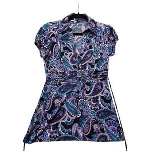 Speechless Purple Paisley Empire Waist Blouse Short Puff Sleeve Top Small